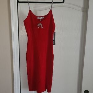 Madden Girl Red Slip Midi Dress with Sparkle Bow & Rhinestone Straps